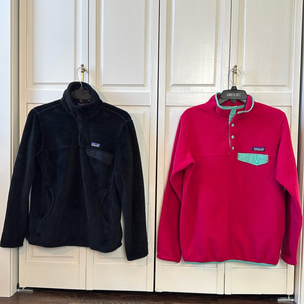 2 Patagonia Women's Re-Tool Snap T Pullover Fleece Sweatshirts - Black and Pink
